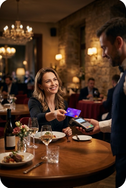 A diner in a restaurant paying for a meal with a contactless card at the waiter's terminal